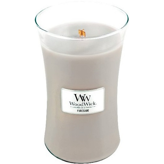 WoodWick Fireside - Fire in the fireplace scented candle with wooden wick and lid glass large 609 g