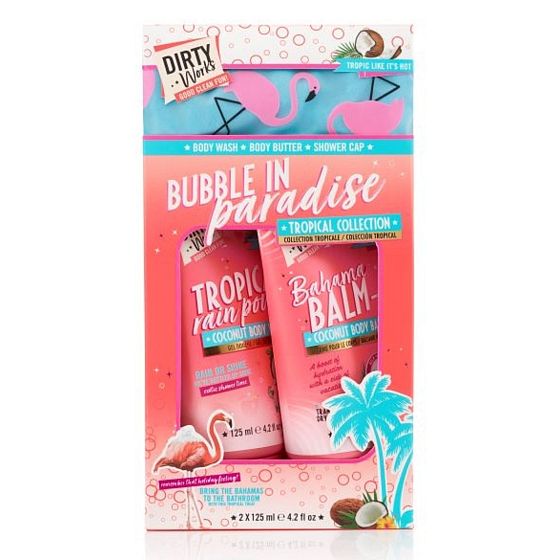Dirty Works Bubble In Paradise shower gel 125 ml + body lotion 125 ml + bathing cap 1 piece, cosmetic set