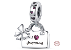 Charm Sterling silver 925 Chic style - handbag with bow - I love shopping, bracelet charm, interests