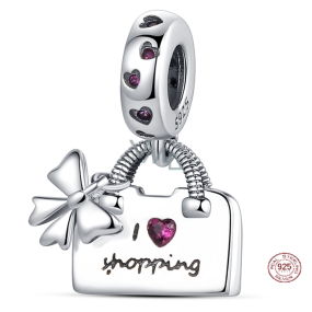 Charm Sterling silver 925 Chic style - handbag with bow - I love shopping, bracelet charm, interests