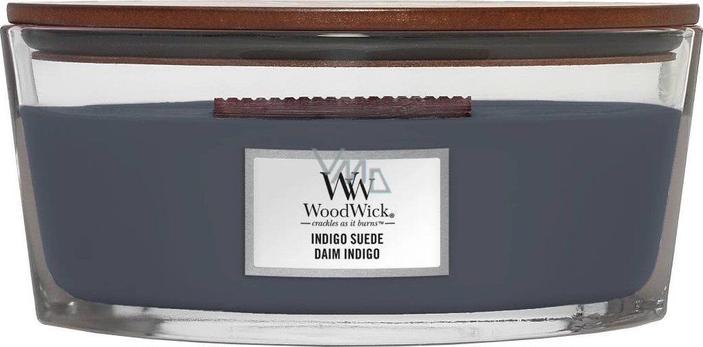 WoodWick Indigo Suede Blue suede scented candle with wooden wick and