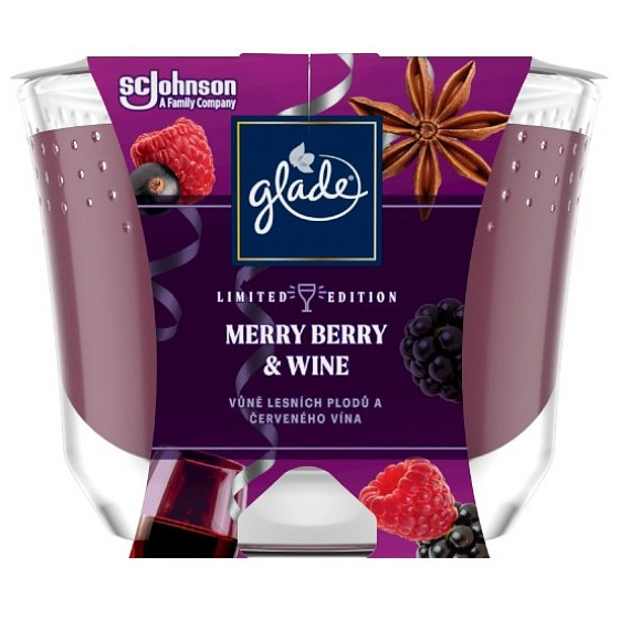 Glade Merry Berry & Wine with the scent of forest fruits and red wine scented candle in a glass, burning time up to 52 hours 224 g