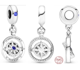 Charm Sterling silver 925 Rotating compass with cubic zirconia, travel bracelet pendant