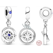 Charm Sterling silver 925 Rotating compass with cubic zirconia, travel bracelet pendant