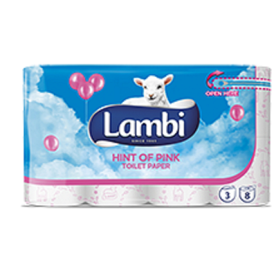 Lambi Hint of Pink toilet paper with pink print 3 ply 150 pieces of 8 rolls
