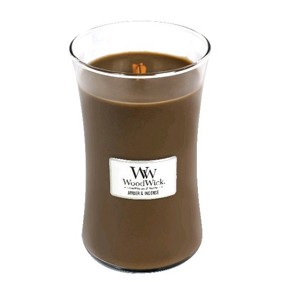 WoodWick Amber & Incense - Ambergris and incense scented candle with wooden wick and lid glass large 609 g