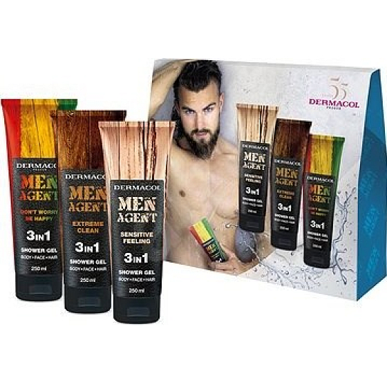 Dermacol Men Agent 3 in 1 Sensitive Feeling shower gel 250 ml + 3 in 1 Extreme Clean shower gel 250 ml + 3 in 1 Dont worry be happy shower gel, cosmetic set for men