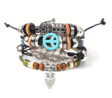 Leather multi-layer bracelet, hippie symbol + owl + fatima's hand, adjustable size