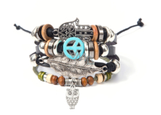 Leather multi-layer bracelet, hippie symbol + owl + fatima's hand, adjustable size