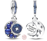 Charm Sterling silver 925 Half moon with royal blue, starry blue and light blue crystal, universe bracelet pendant