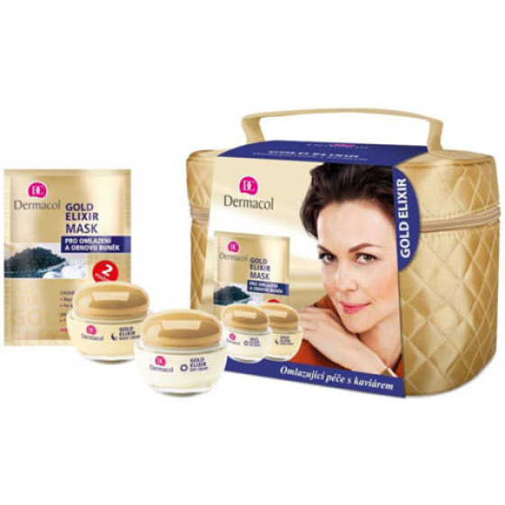 Dermacol Gold Elixir day cream 50 ml + night cream 50 ml + mask 2 x 8 g + bag, cosmetic set