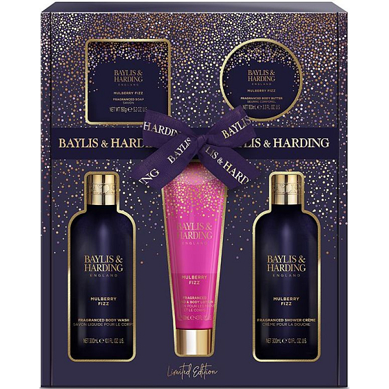 Baylis & Harding Mulberry washing gel 300 ml + shower cream 300 ml + body and hand lotion 130 ml + mild soap 150 g + body butter 100 ml, cosmetic set for women