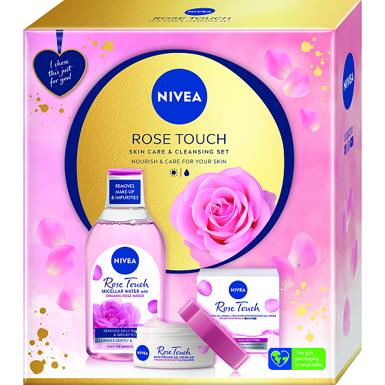 Nivea Rose Touch micellar water with organic rose water 400 ml + Rose Touch moisturizing day gel-cream for all skin types 50 ml, cosmetic set for women