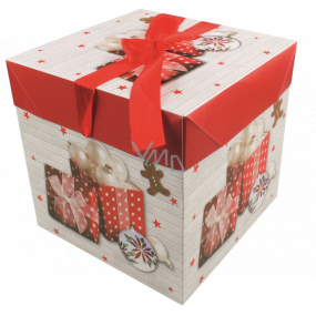 Folding gift box with Christmas ribbon with gifts and gingerbread 10.5 x 10.5 x 10.5 cm
