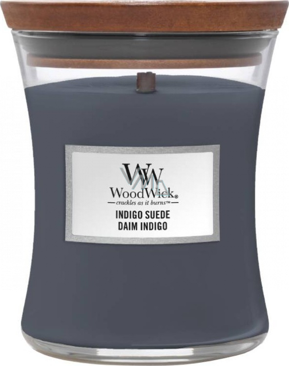 WoodWick Indigo Suede Blue suede scented candle with wooden wick and