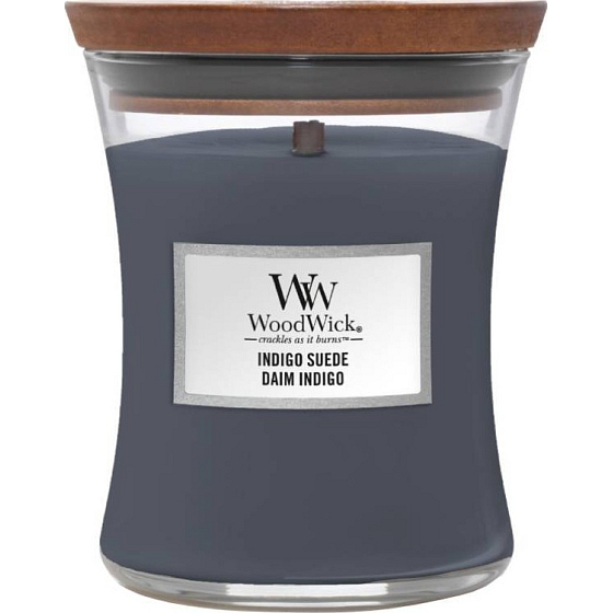 WoodWick Indigo Suede - Blue suede scented candle with wooden wick and lid glass medium 275 g