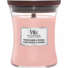 WoodWick Pressed Blooms & Patchouli scented candle with wooden wick and lid glass medium 275 g