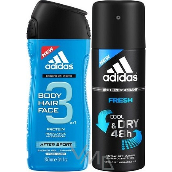 Adidas After Sport Fresh 3 in 1 shower gel for body, hair and face for men 250 ml + antiperspirant deodorant spray 150 ml, cosmetic set