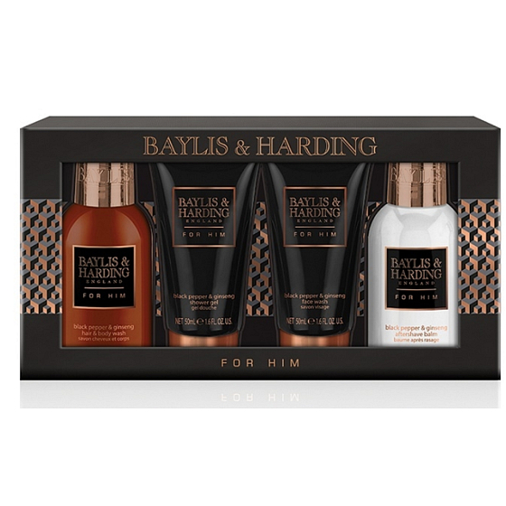 Baylis & Harding Men Black Pepper and Ginseng liquid soap for body and hair 100 ml + cleansing gel for face 50 ml + aftershave balm 100 ml + shower gel 50 ml cosmetic set for men