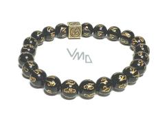 Agate black with royal mantra Ohm bracelet elastic natural stone, bead 8 mm / 16-17 cm, adds recoil and strength