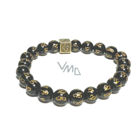 Agate black with royal mantra Ohm bracelet elastic natural stone, bead 8 mm / 16-17 cm, adds recoil and strength