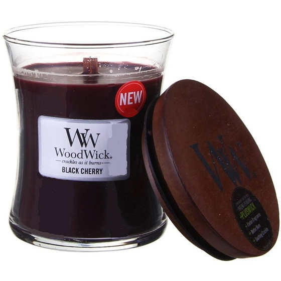 WoodWick Black Cherry - Black Cherry scented candle with a wooden wick and lid glass small 85 g