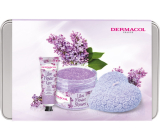 Dermacol Lilac Flower - Lilac hand cream 30 ml + body scrub 200 g + scented candle 130 g + tin box, cosmetic set for women