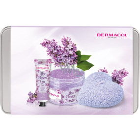 Dermacol Lilac Flower - Lilac hand cream 30 ml + body scrub 200 g + scented candle 130 g + tin box, cosmetic set for women