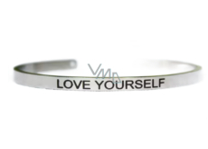 Stainless steel bracelet silver with engraving Love yourself, open cuff, 4 mm