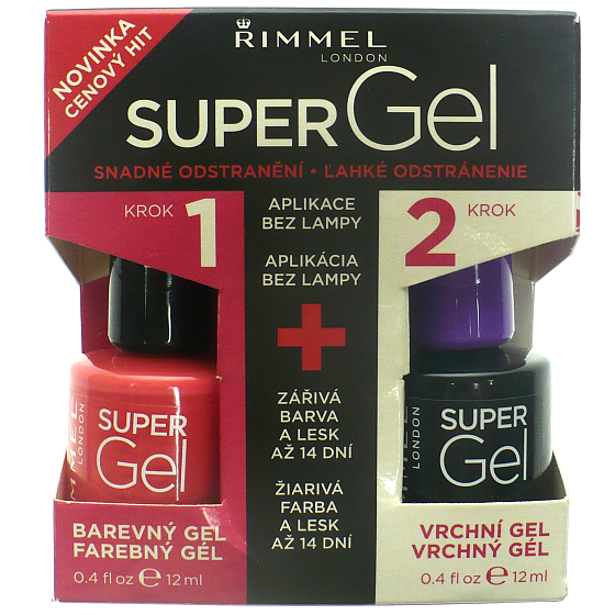 Rimmel London Super Gel by Kate nail polish 032 Cocktail Passion 12 ml + Super Gel Top Coat top coat nail 001 Transparent 12 ml, duopack