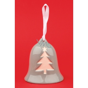 Gray ceramic bell with tree and flakes 8.5 cm