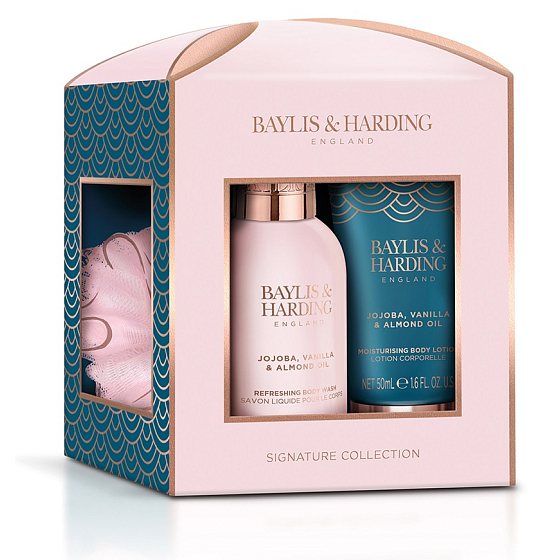 Baylis & Harding Jojoba, vanilla & almond oil body wash 100 ml + body lotion 50 ml + washcloth, cosmetic set for women