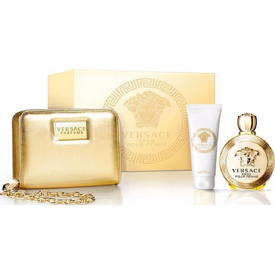 Versace Eros pour Femme Eau de Parfum for Women for Women 100 ml + Body Lotion 100 ml + Gold Handbag 1 piece, gift set