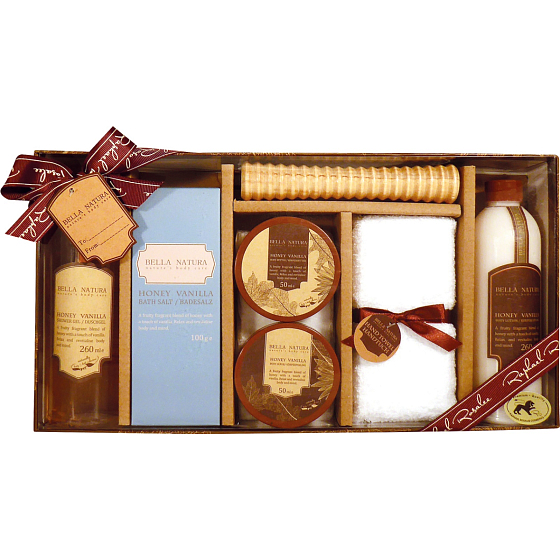 Raphael Rosalee Cosmetics Honey and Vanilla shower gel 260 ml + bath salt 100 g + body butter 50 ml + body peeling 50 ml + body lotion 260 ml + massage roller + towel. cosmetic set