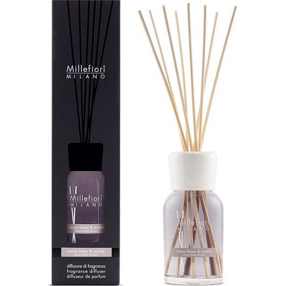 Millefiori Milano Natural Cocoa Blanc & Woods - White Cocoa and Woods Diffuser 250 ml + 8 reeds, 30 cm long, for medium-sized spaces lasts at least 3 months