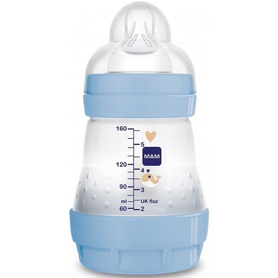 Mam Anti-Colic feeding bottle, silicone soft teat 0+ months Blue 160 ml