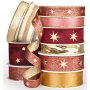 Ditipo Fabric Christmas ribbon with wire Red-copper with gold stars 3 m x 25 mm