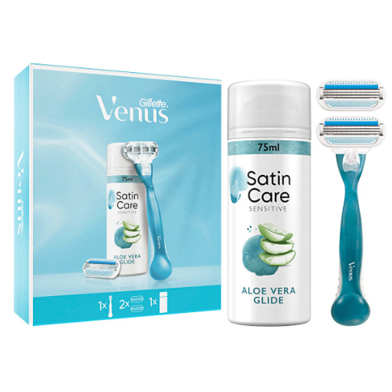 Gillette Venus Smooth holicí strojek + hlavice 2 kusy + Satin Care Aloe Vera Glide gel na holení 75 ml, kosmetická sada pro ženy