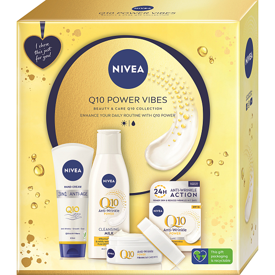 Nivea Q10 Power Vibes Q10 Anti-Age hand cream 100 ml + Q10 Power anti-wrinkle cleansing lotion 200 ml + Q10 Power anti-wrinkle day cream 50 ml, cosmetic set for women