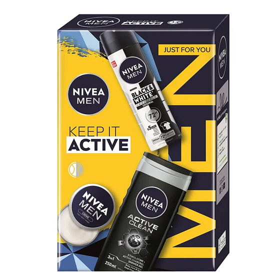 Nivea Men Keep It Active Invisible Black & White Original antiperspirant spray 150 ml + Nivea Men Active Clean shower gel 250 ml + Nivea Men Creme face, body, and hand cream 30 ml, cosmetic set for men