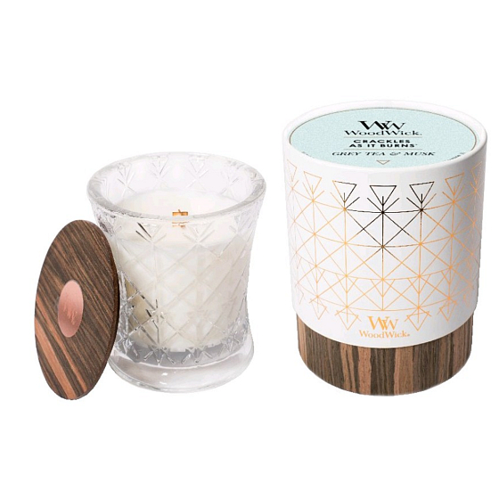 WoodWick Gray Tea & Musk - Gray tea and musk scented candle with wooden wide wick and lid glass medium Aura 275 g in a gift box