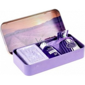 Esprit Provence Lavender toilet soap 60 g + scented bag + essential oil 12 ml + tin box with a picture of a lavender field, cosmetic set for women