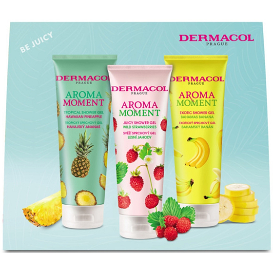 Dermacol Aroma Moment Hawaiian Pineapple shower gel 250 ml + Wild Strawberries shower gel 250 ml + Bahamas Banana shower gel 250 ml, cosmetic set for women