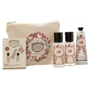 Panier des Sens Rose shower gel 50 ml + body lotion 50 ml + hand cream 30 ml + bag, travel cosmetic set