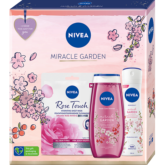 Nivea Miracle Garden Cherry Blossom & Red Berries 48h antiperspirant deodorant spray 150 ml + Miracle Garden Cherry Blossom & Pomegranate shower gel 250 ml + Rose Touch textile face mask 1 piece, cosmetic set for women