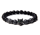 Lava black + Wolf's head bracelet elastic natural stone, ball 8 mm / 19 cm, born of the four elements