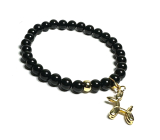 Spinel black + Dog pendant, bracelet elastic natural stone, ball 6 mm / 16 - 17 cm