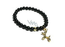 Spinel black + Dog pendant, bracelet elastic natural stone, ball 6 mm / 16 - 17 cm
