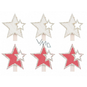 Wooden star on peg Red, natural 4 cm 6 pieces