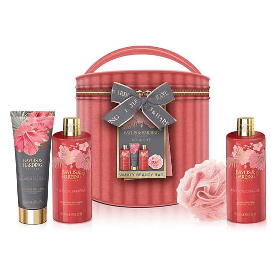 Baylis & Harding Boudoire Tropical Paradise shower cream 300 ml + creamy bath foam 300 ml + body lotion 200 ml + body sponge, cosmetic set for women